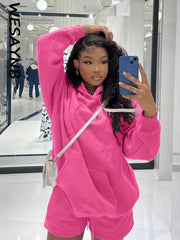  Solid Hooded Sweatshirt & Drawstring Shorts Set