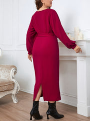  Lantern Sleeve Surplice Neck Dress With Belt