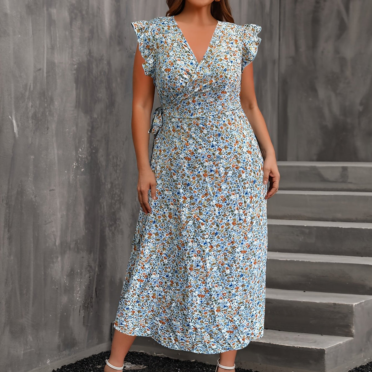  Ditsy Floral Print Butterfly Sleeve Maxi Dress