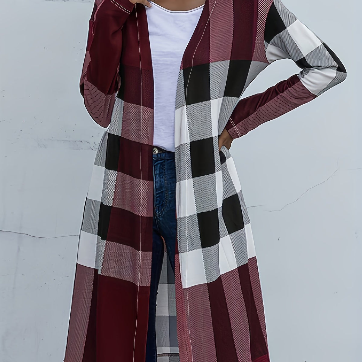  Colorblock Gingham Print Open Front Cardigan