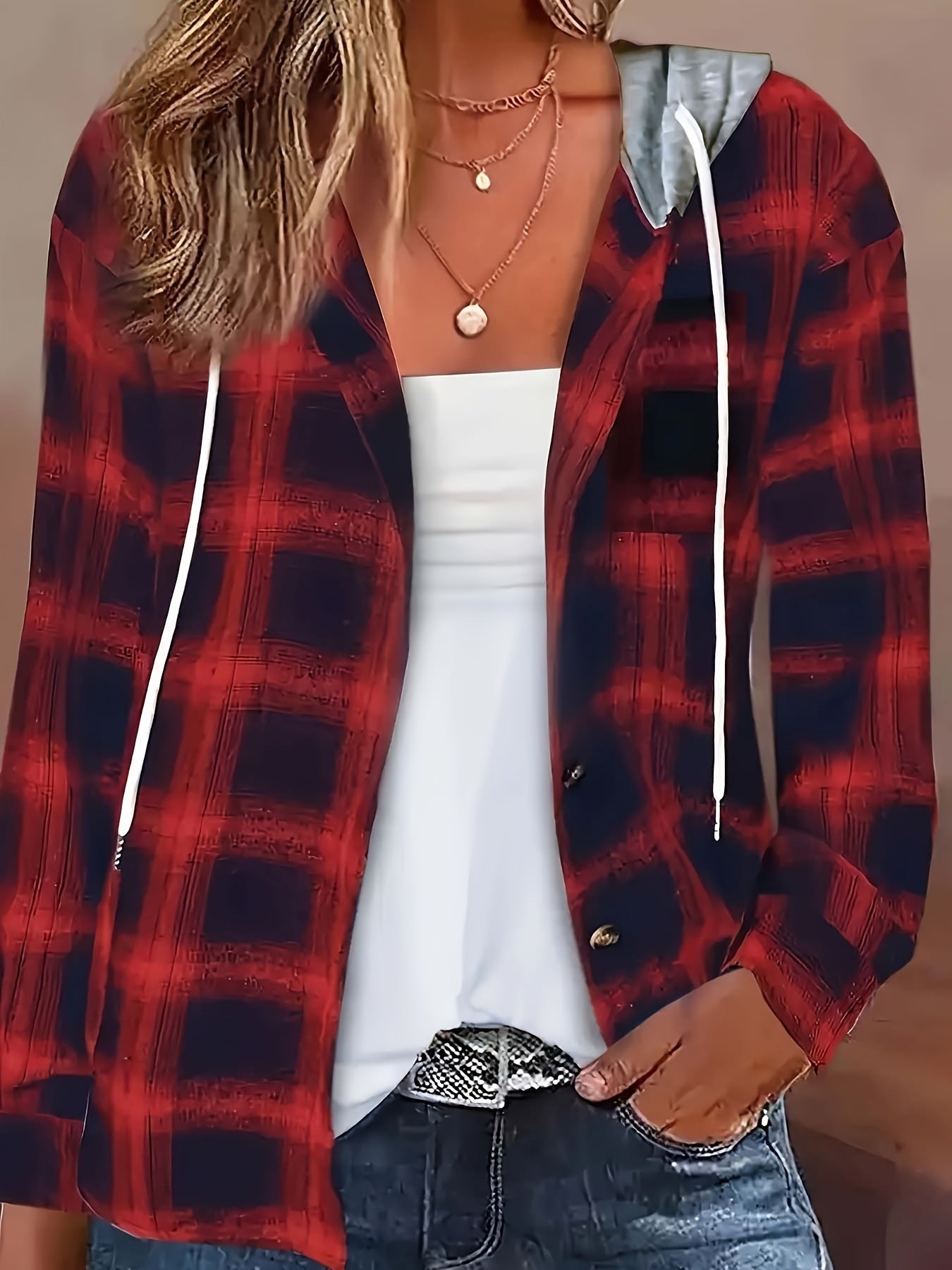  Colorblock Plaid Hooded Long Sleeve Shirt