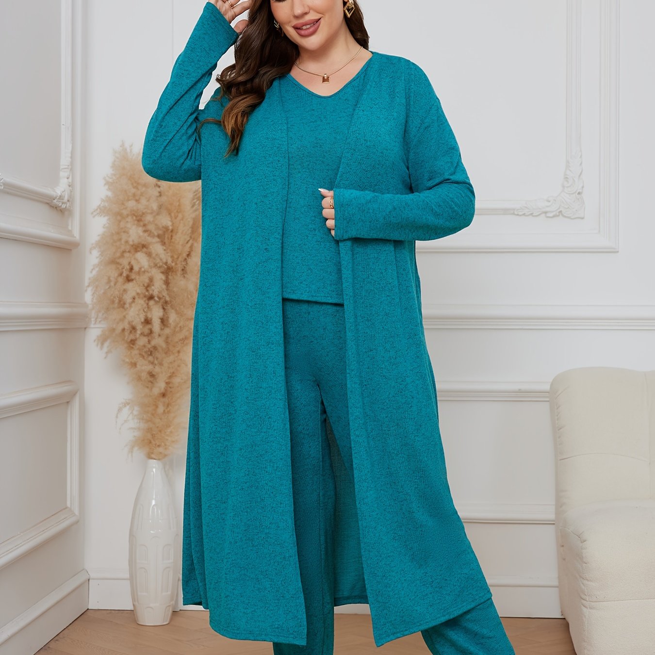  3 Piece Lounge Set Solid Long Sleeve Robe & V Neck Tank
