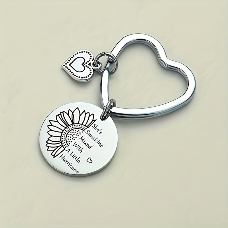 Heart Keychain Engraved Sunflower Inspirational Letter Keyring