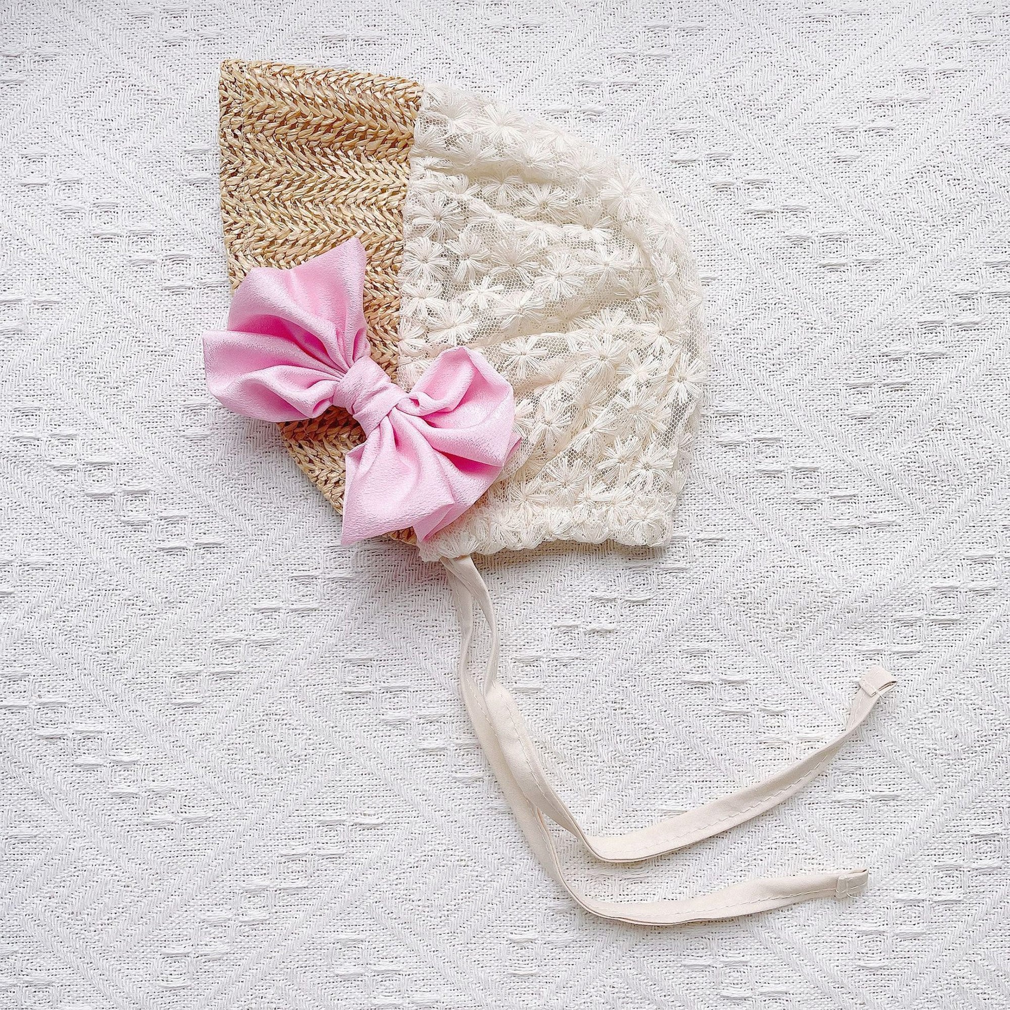 Lace Mesh Cap w/ Bow & Tie Strap for Newborns