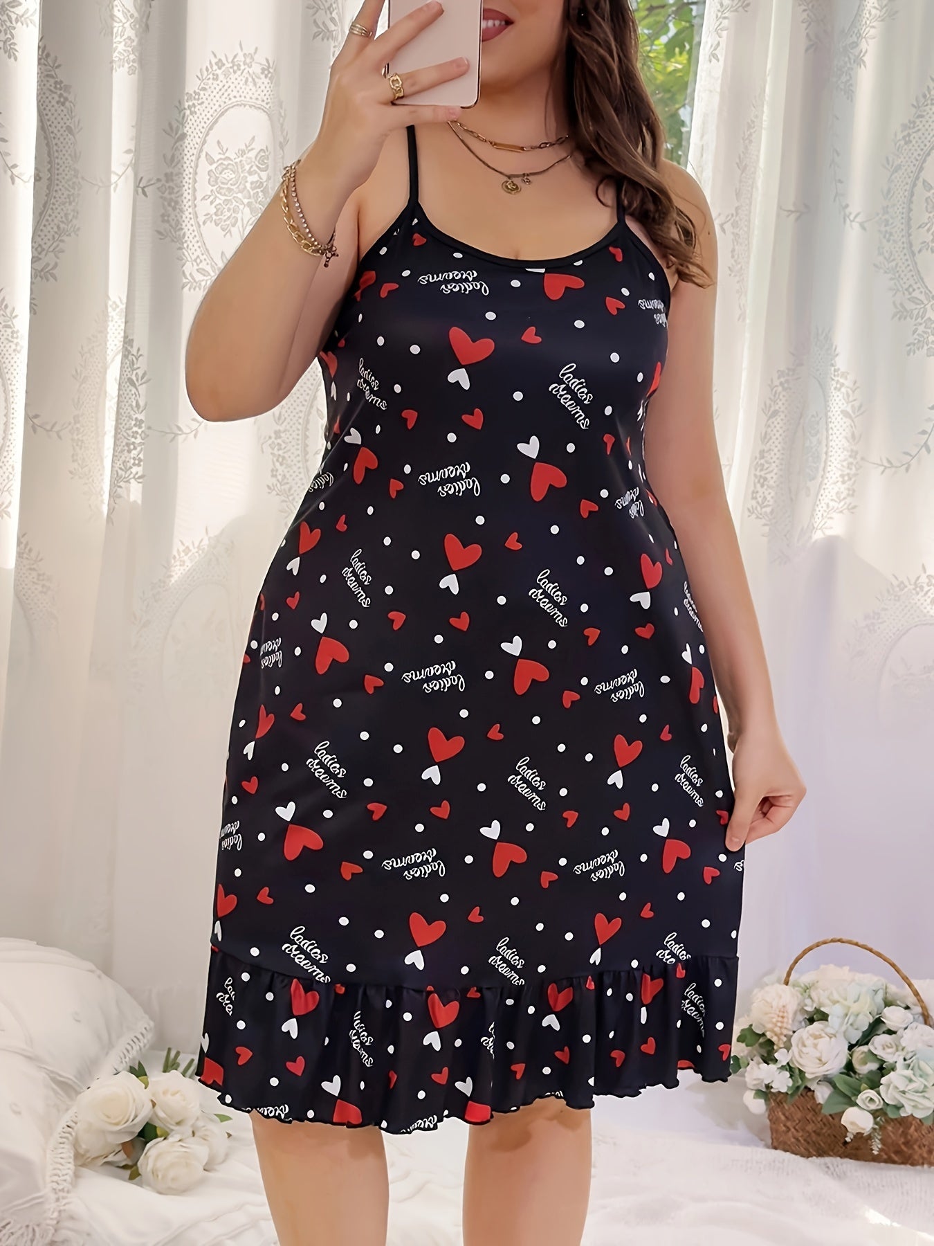  Heart & Letter Print Ruffle Trim Sleep Dress