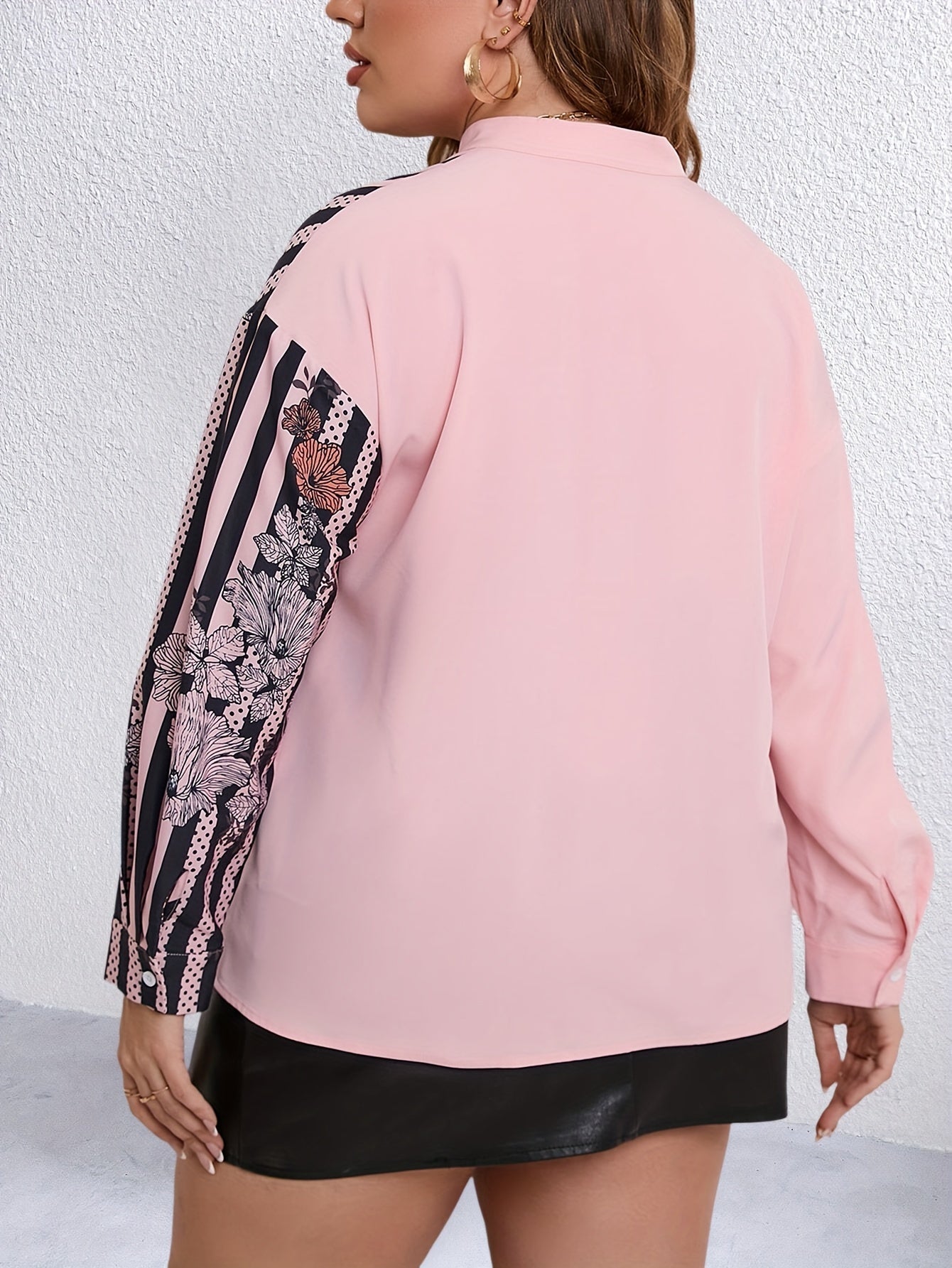  Colorblock Floral Print Lantern Sleeve Blouse