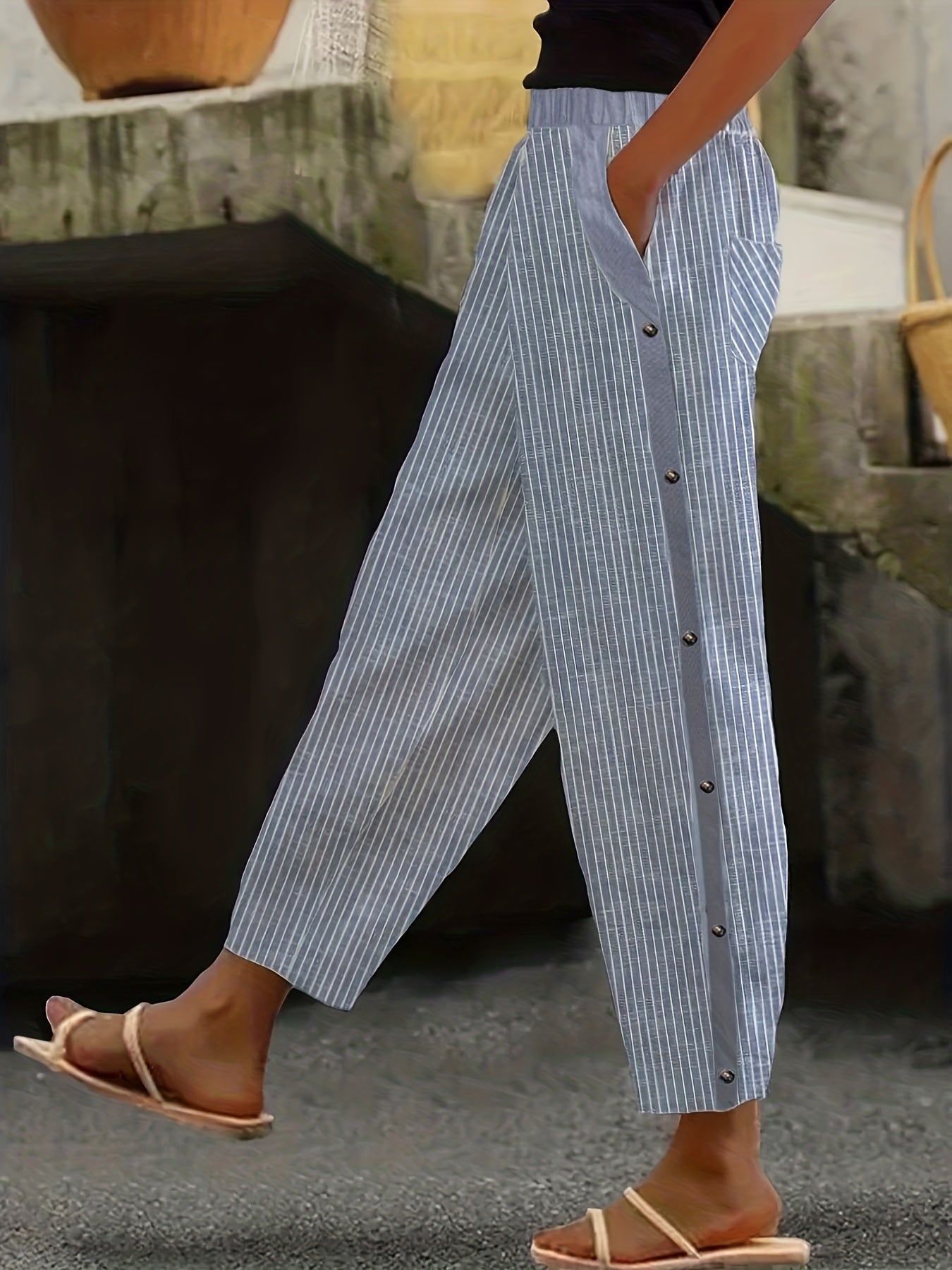  Stripe Print Wide Leg Pants with Pockets