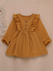 Girls Ruffle Trim Button Long Sleeve Dress