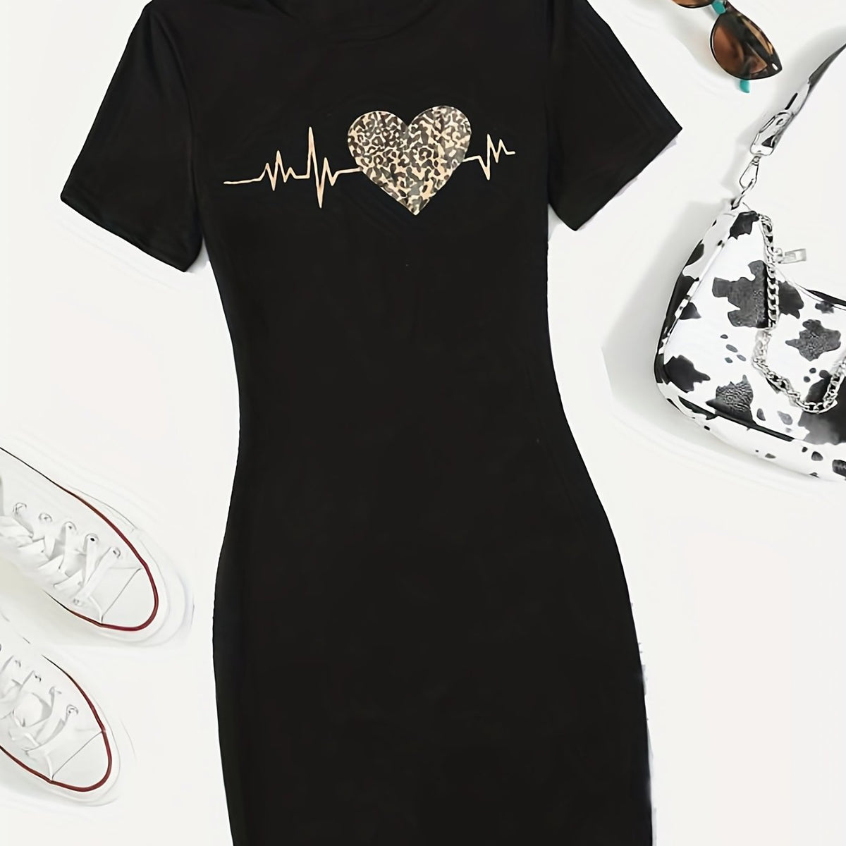 Heart Print Tee Dress Short Sleeve Casual Women's Clothing