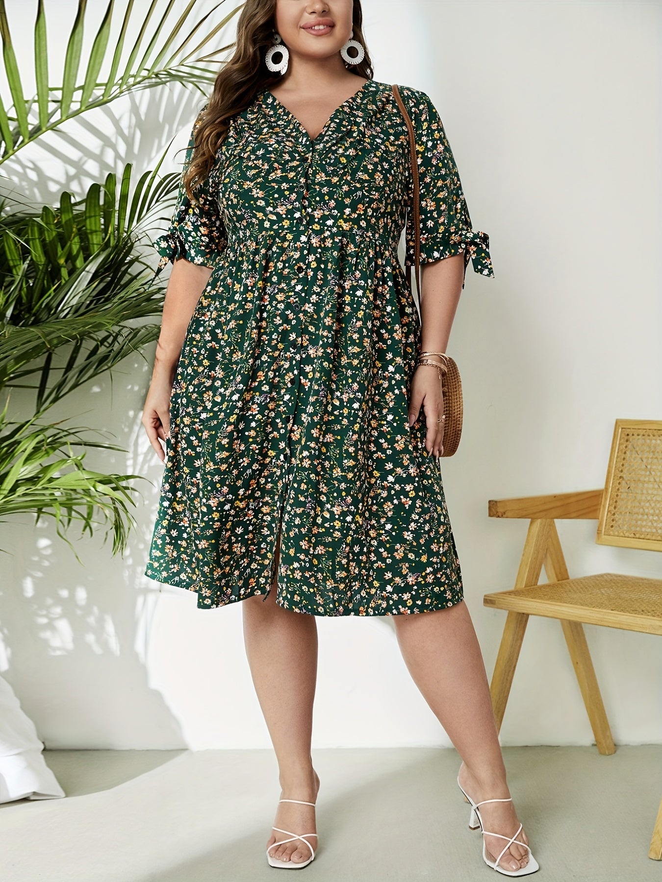 Women's Plus Floral Print Tie Puff Sleeve Maxi Dress