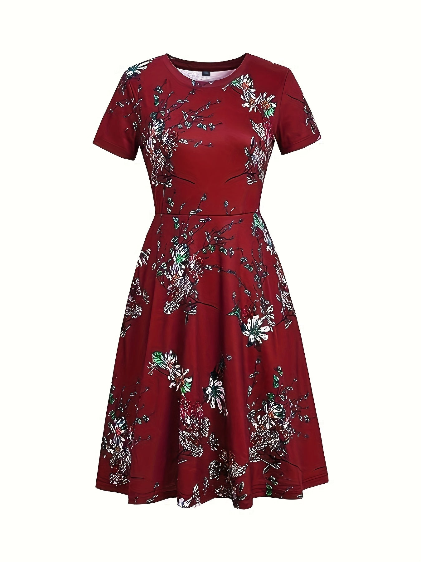  Floral Print Short Sleeve Midi Dress