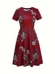  Floral Print Short Sleeve Midi Dress