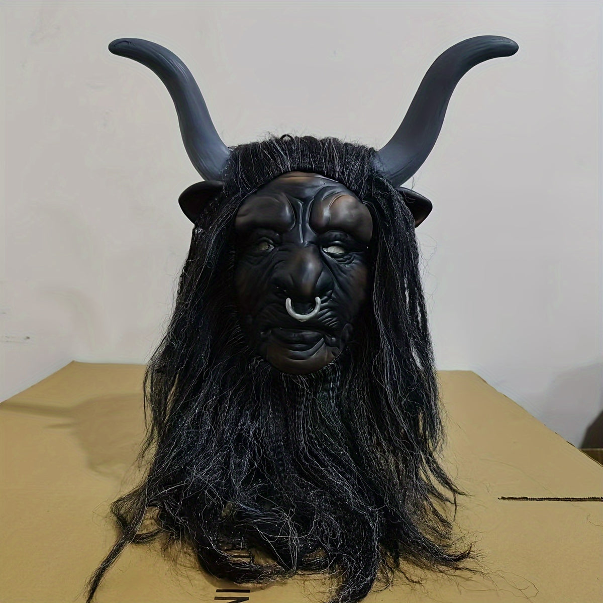 Goat Skull Mask with Long Hair and Horns Adult Halloween Costume Accessory