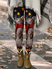  Cat & Leaf Print High Rise Skinny Trousers