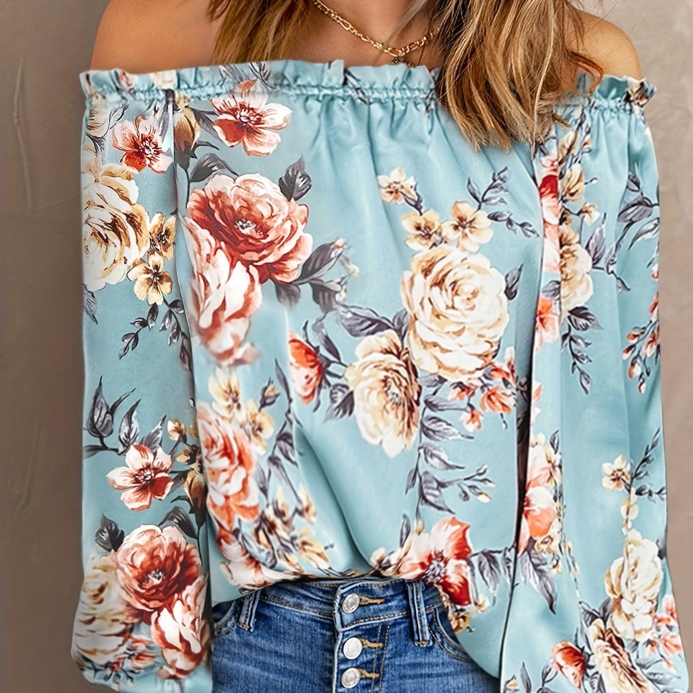  Floral Print Off Shoulder Lantern Sleeve Top