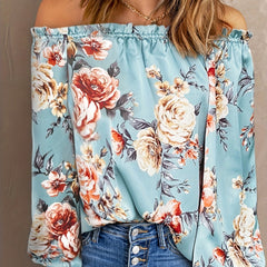  Floral Print Off Shoulder Lantern Sleeve Top