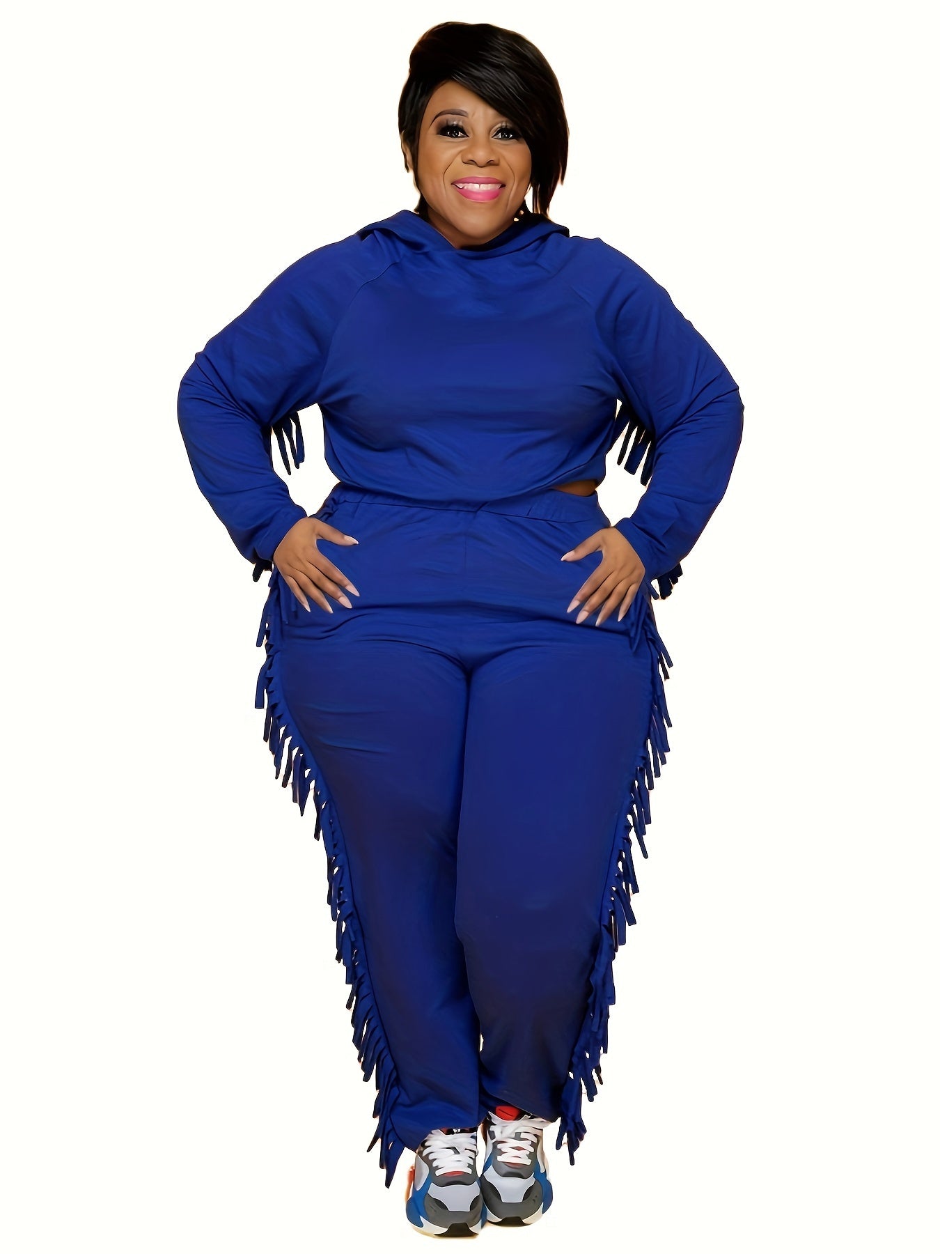  Fringe Trim Hoodie Sweatshirt & Pants Set