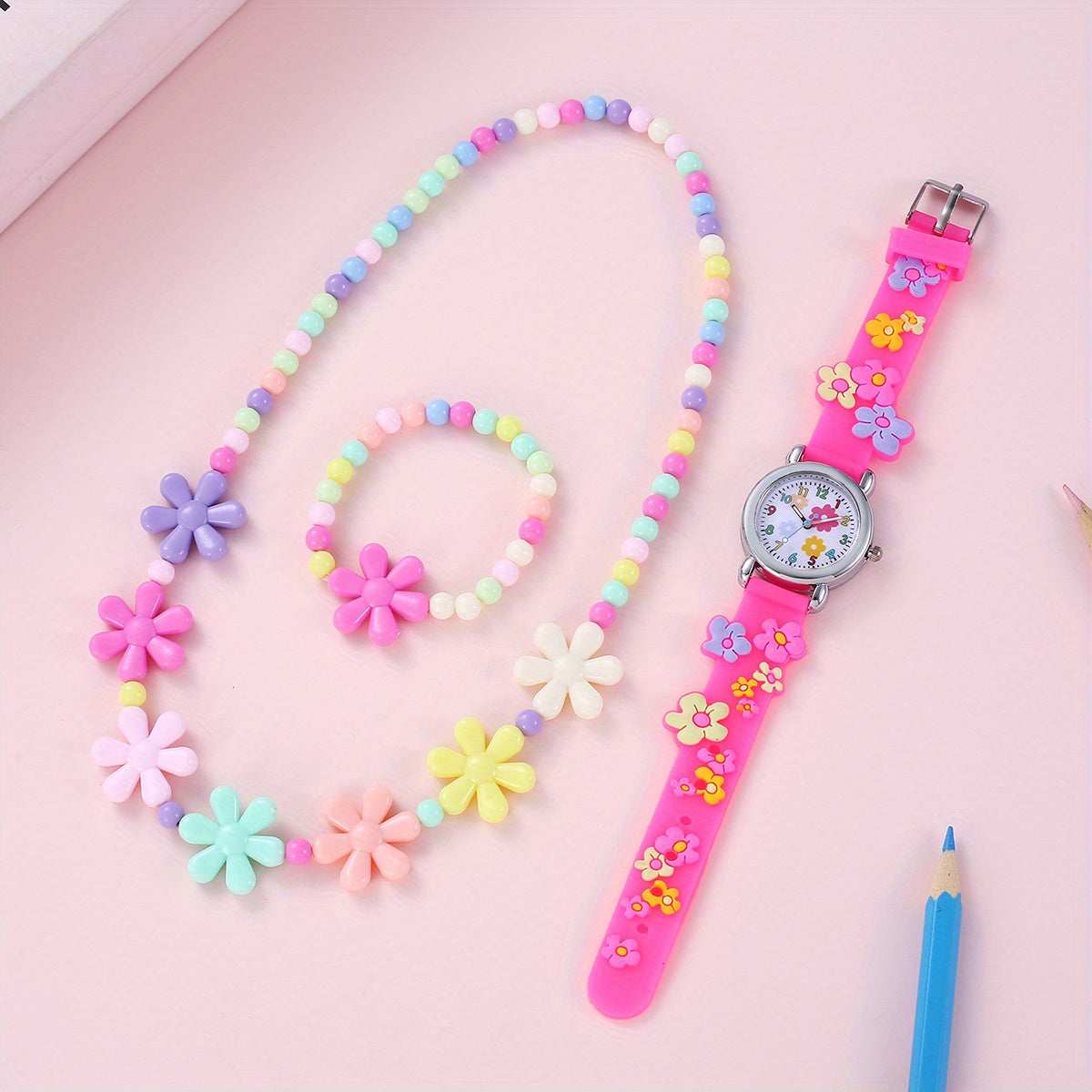 Kids Flower Pattern Watch, Bracelet, Necklace Set