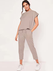 Casual Solid Two Piece Set Short Sleeve Round Neck Tops & Drawstring Cropped Pan