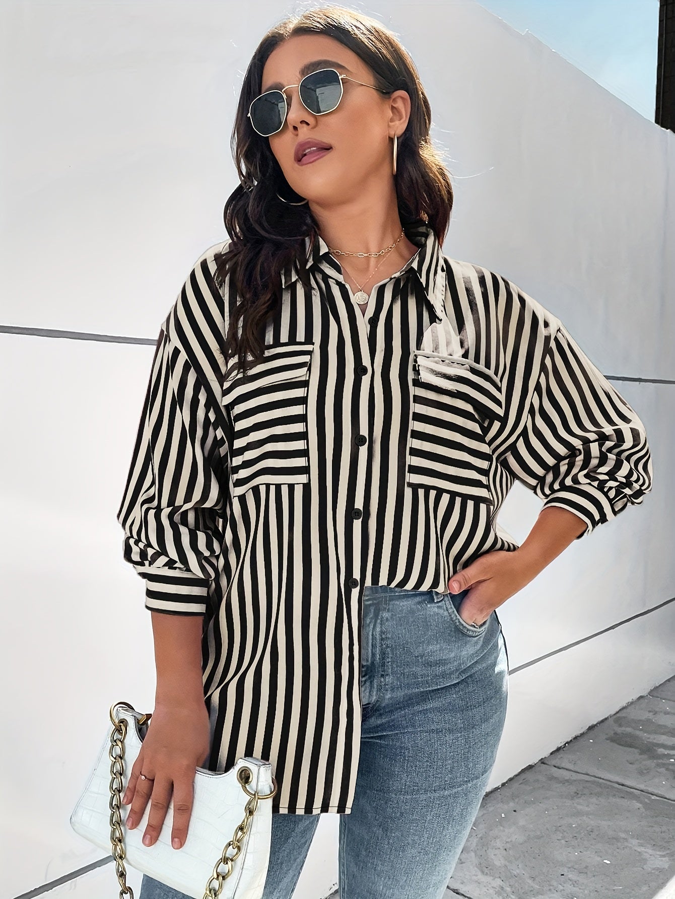  Stripe Print Long Sleeve Button Up Shirt Top