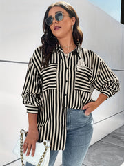  Stripe Print Long Sleeve Button Up Shirt Top