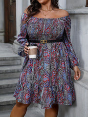  Boho Paisley Floral Lantern Sleeve Dress