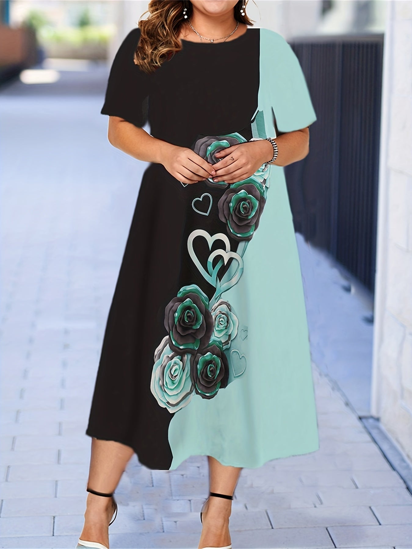  Colorblock Floral Print Short Sleeve Midi Dress