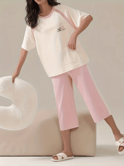 Bunny Print Pajama Set Short Sleeve Crew Neck Top & Crop Pants