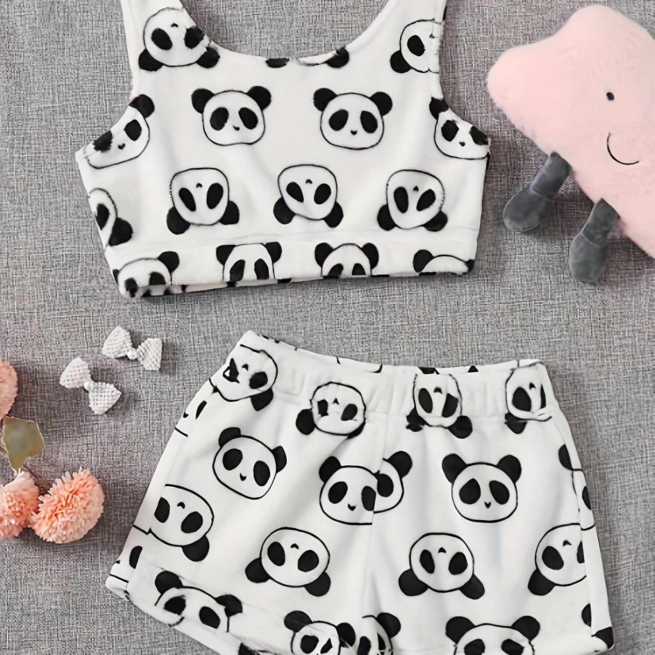  Panda Pattern Fluffy Crop Tank Top & Shorts Lounge Set