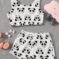 Panda Pattern Fluffy Crop Tank Top & Shorts Lounge Set