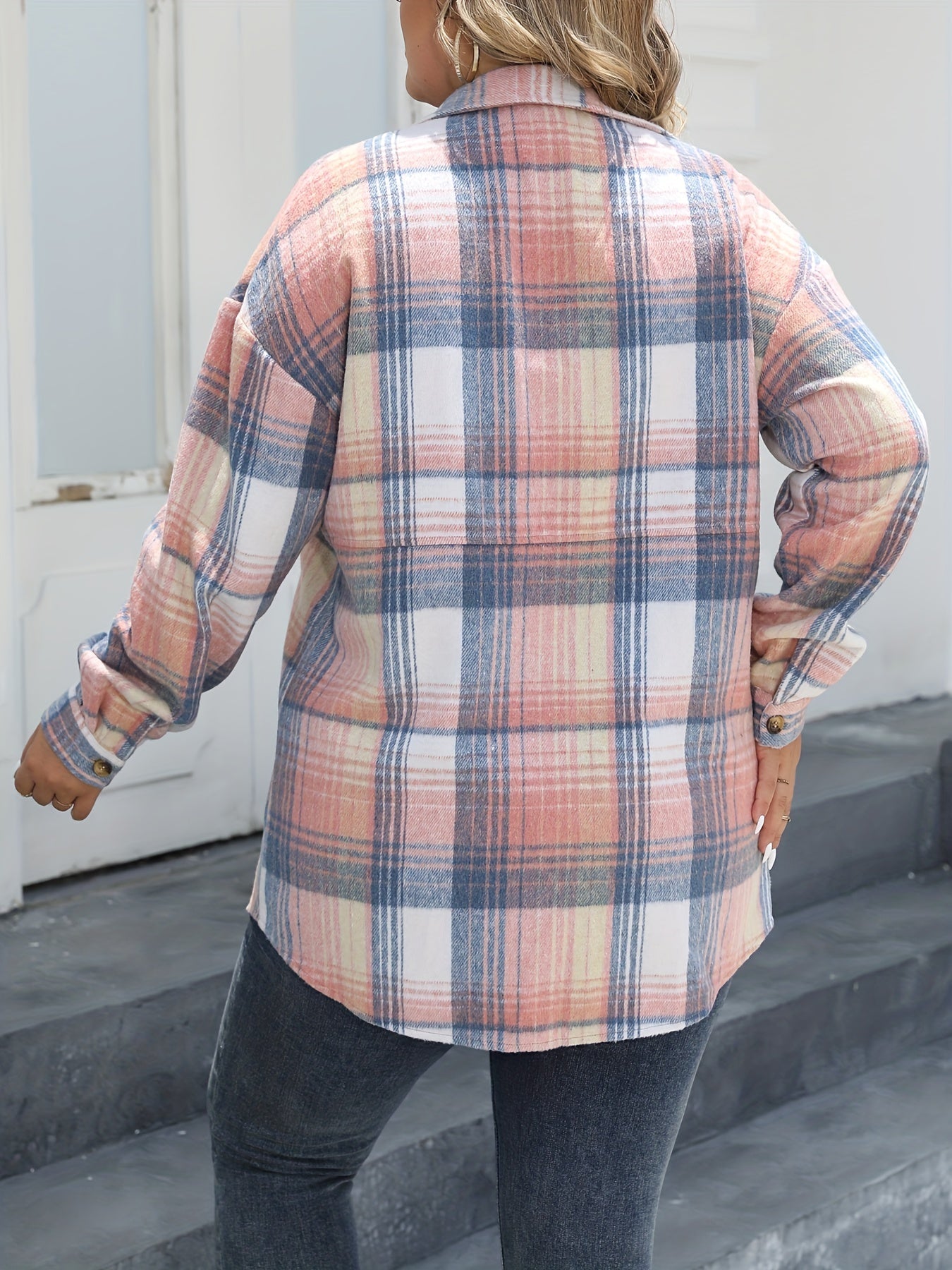  Plaid Print Button Up Long Sleeve Blouse