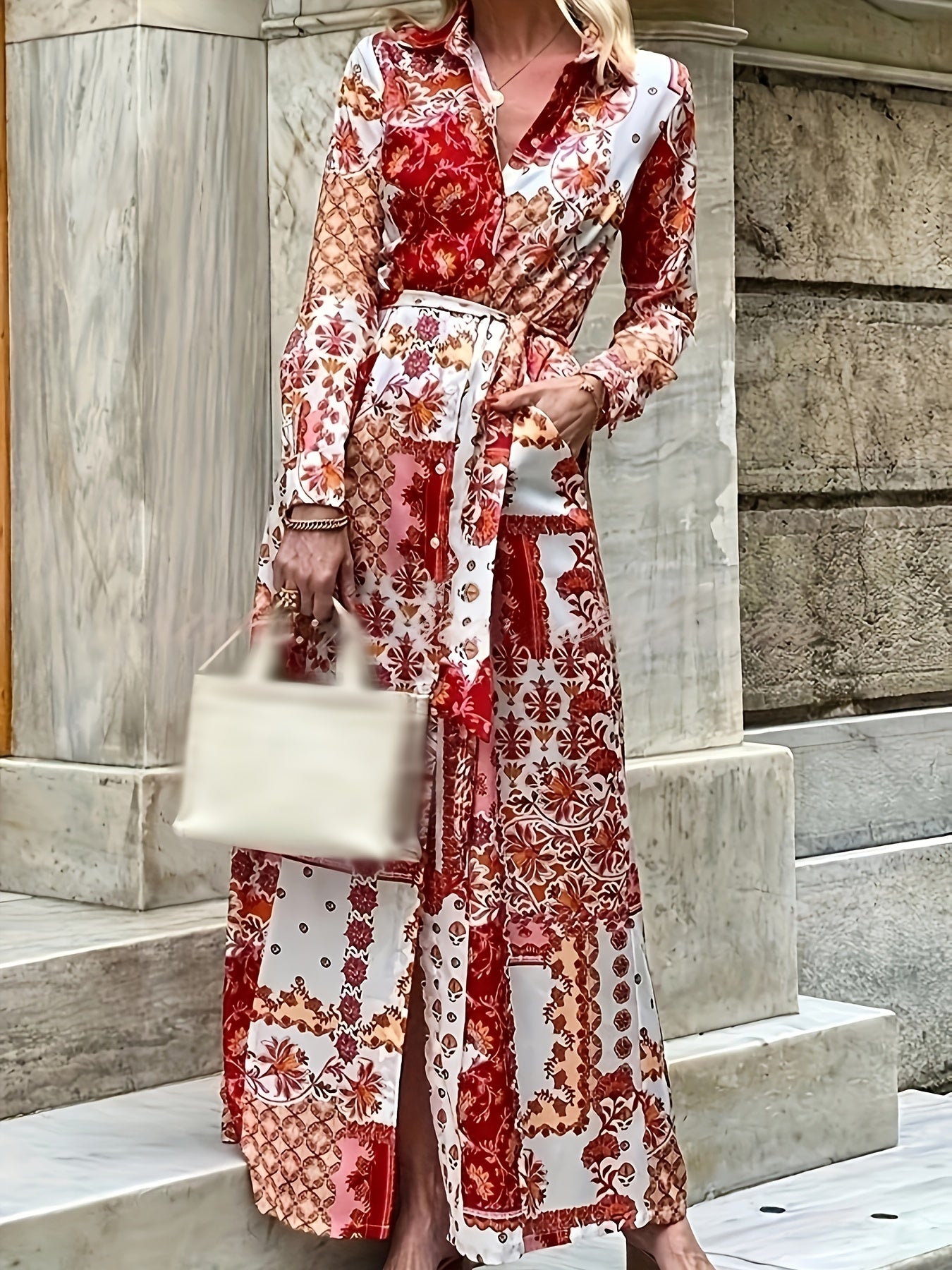  Patchwork Print Button Up Maxi Dress