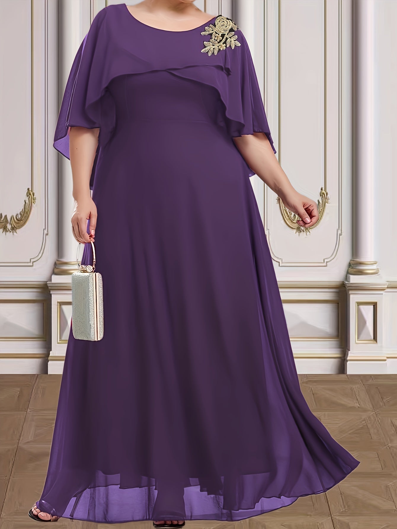  Floral Appliques Wrap Cape Sleeve Party Dress