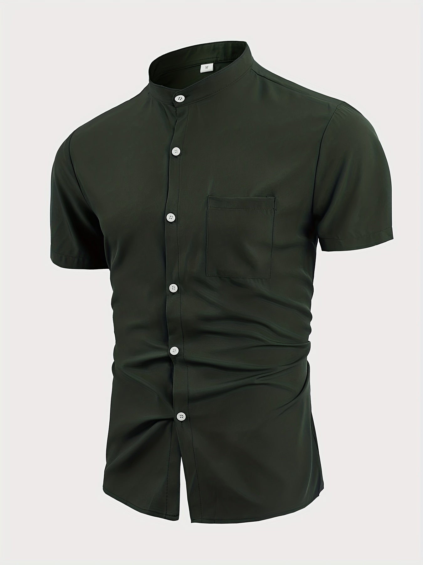 Men's Band Collar Short Sleeve Button Up Solid Shirt