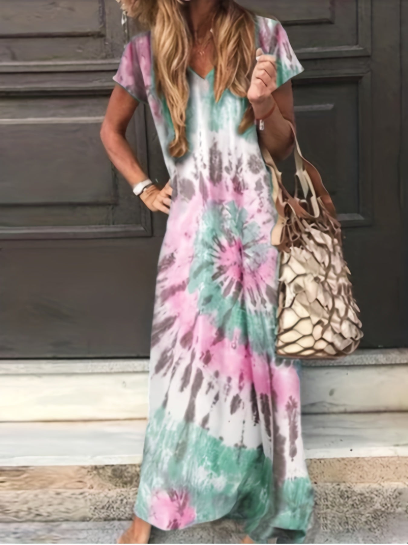  Tie Dye Short Sleeve V Neck Maxi Dress