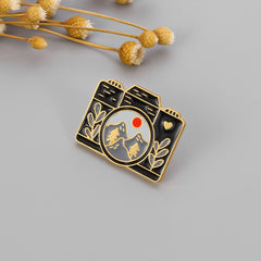 European American Camera Landscape Brooch Mountain Range Leaf Brooch