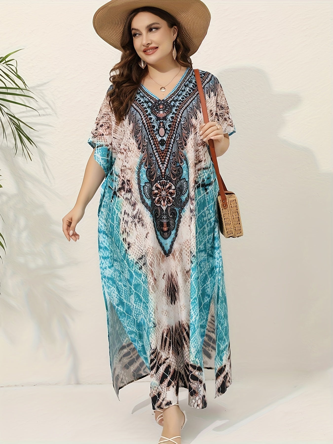  Snake Skin Print Cover Up Batwing Sleeve V Neck Loose