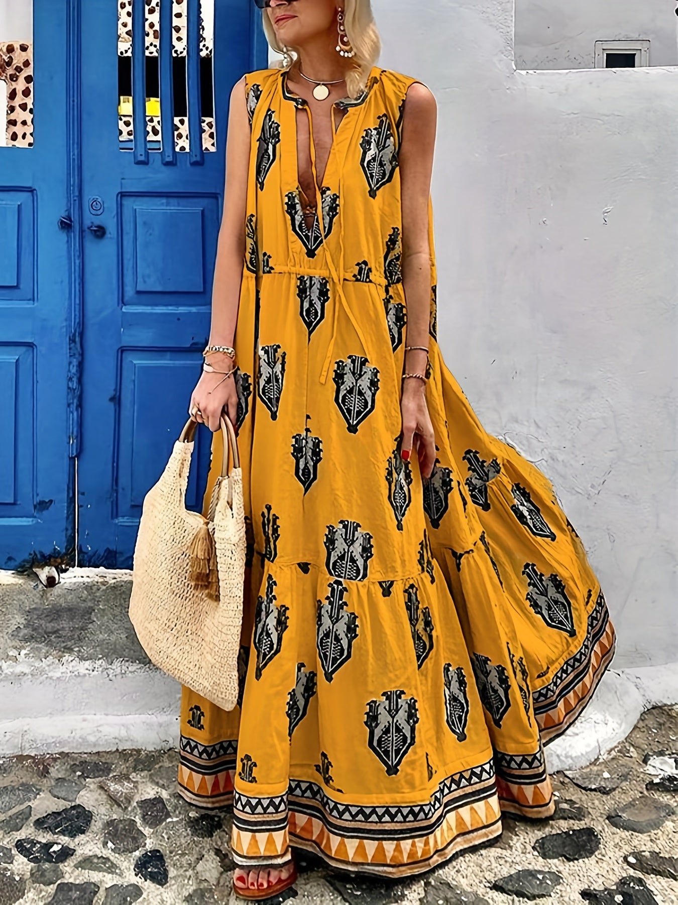  Geometric Print Cut Out Tie Front Mock Neck Dress