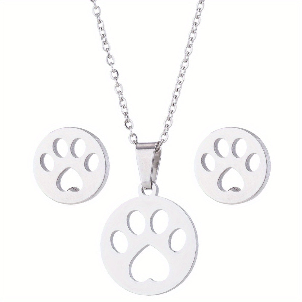 Stainless Steel Origami Cat Necklace and Earrings Set - Animal Pet Jewelry