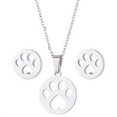 Stainless Steel Origami Cat Necklace and Earrings Set - Animal Pet Jewelry