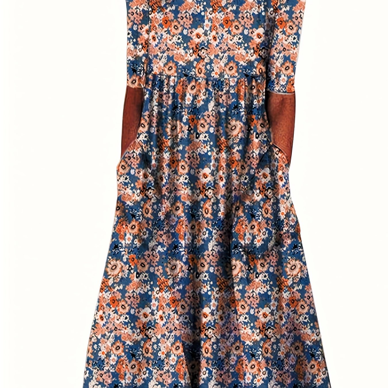 Floral Print Short Sleeve Plus Size Casual Dress with Pockets