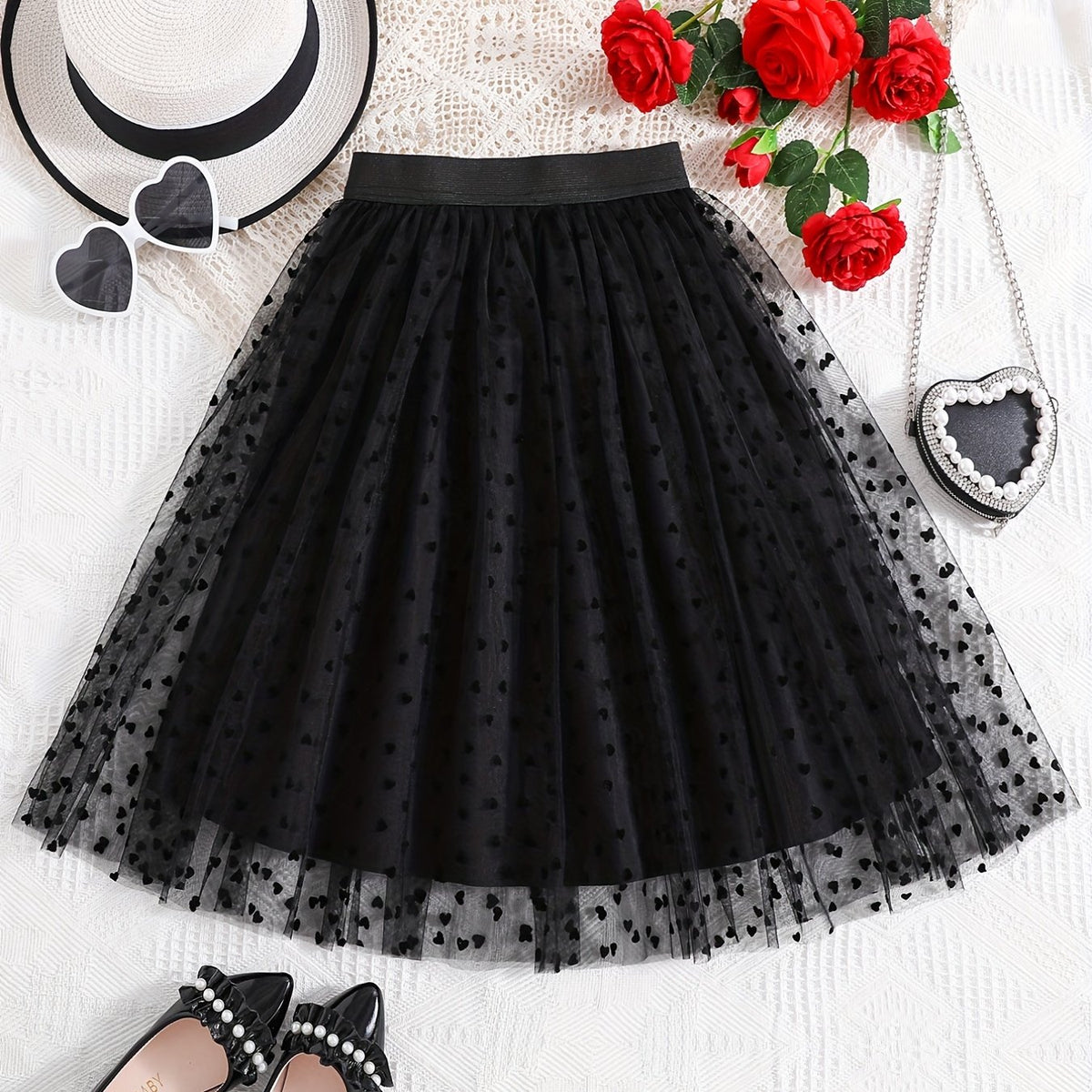 Girls Heart Graphic Mesh Tutu Skirt High Waist for Party