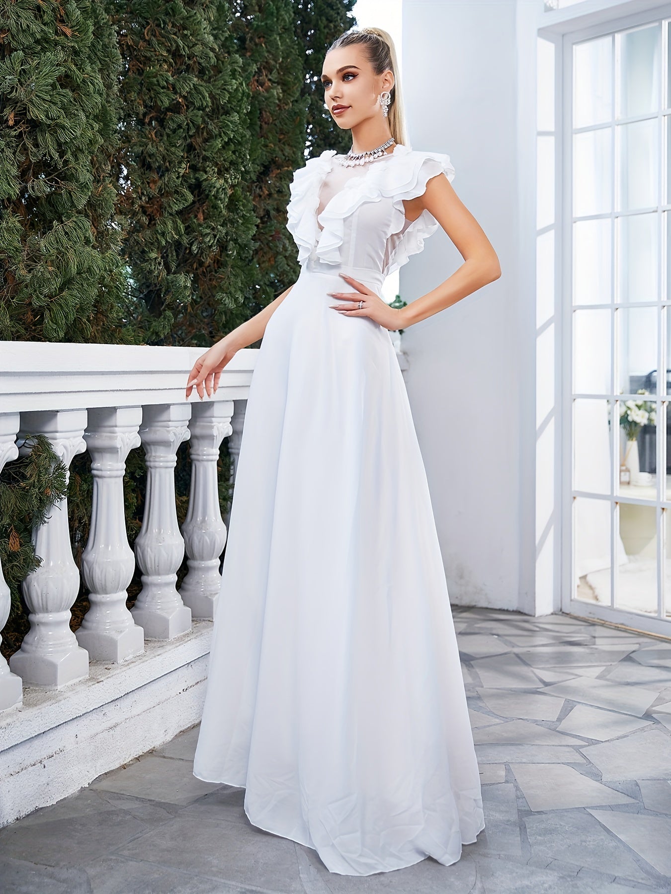 Ruffle Trim Maxi Wedding Dress Sleeveless Dress For Wedding Party