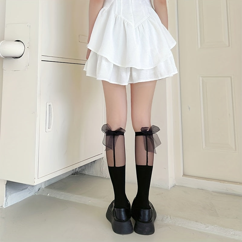 2 Pairs Bow Mesh Stitching Calf Socks Knee High Women's Stockings