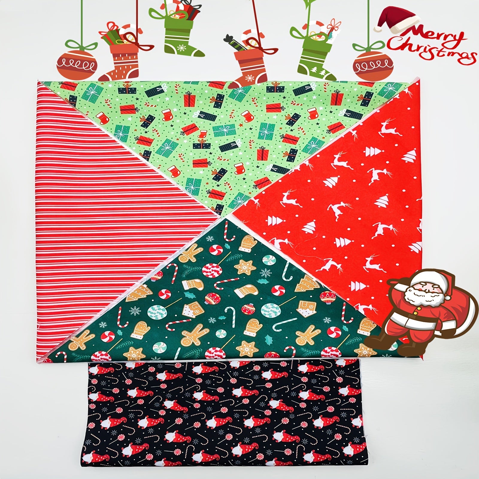 5pcs Christmas Pattern Polyester Printed Fabric Christmas Socks Gift Quilted Fab