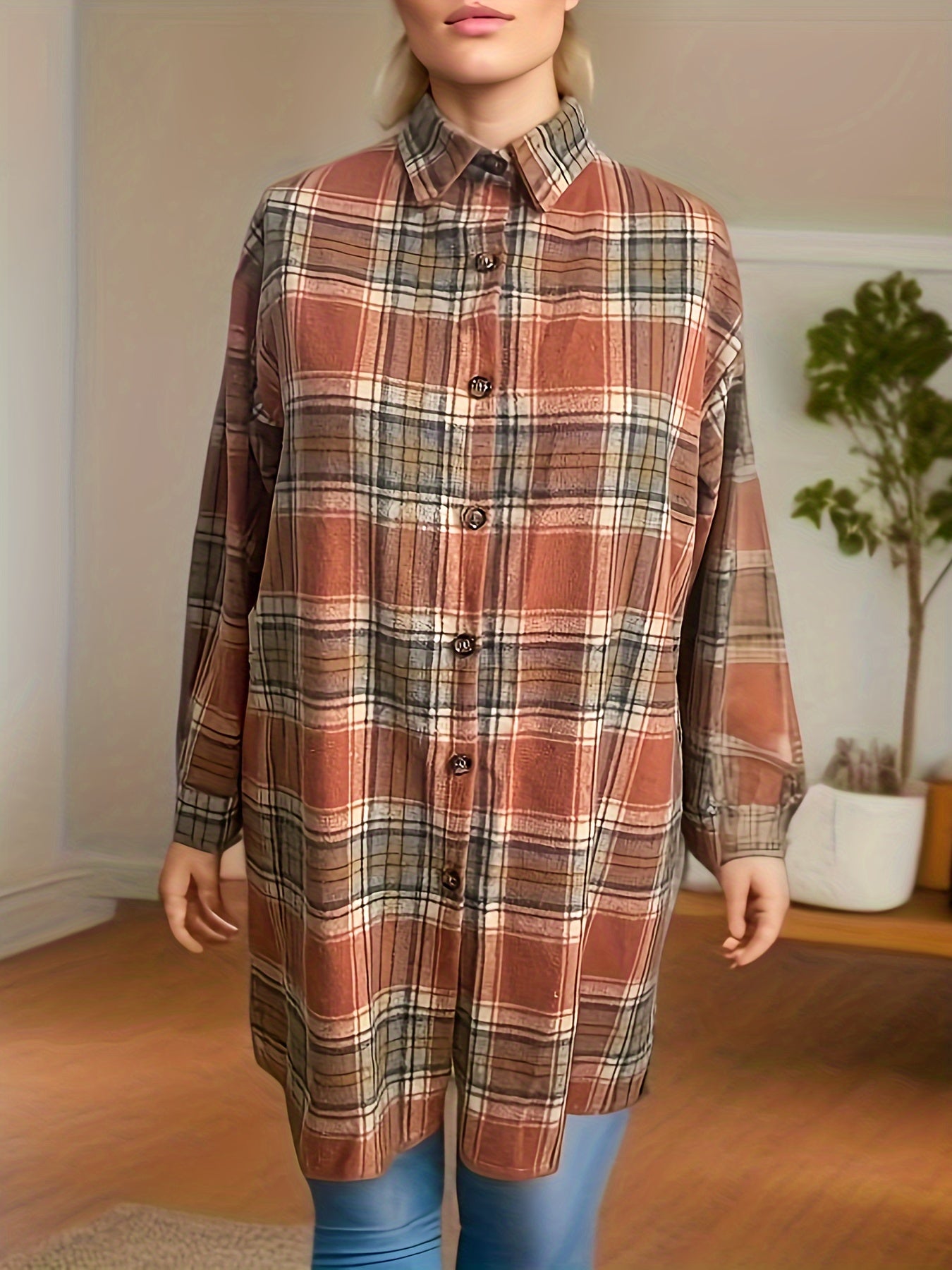  Plaid Print Long Sleeve Button Up Collar Tunic Shirt