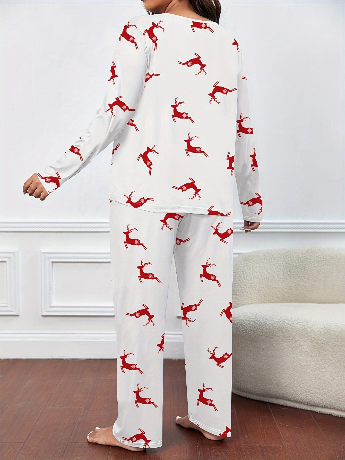  Christmas Casual Pajama Set Elk Print Tee & Pants 2 Piece