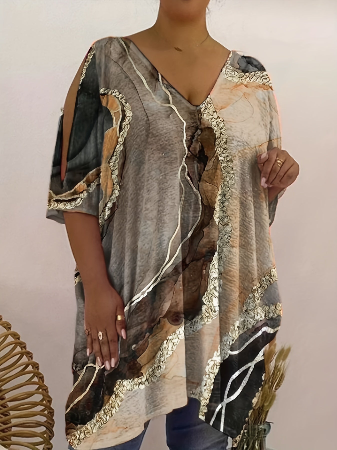 Casual Blouse Women's Plus Chain & Marble Print V Neck