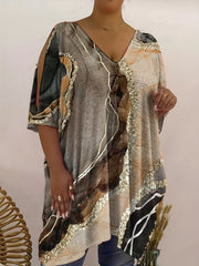  Casual Blouse Women's Plus Chain & Marble Print V Neck
