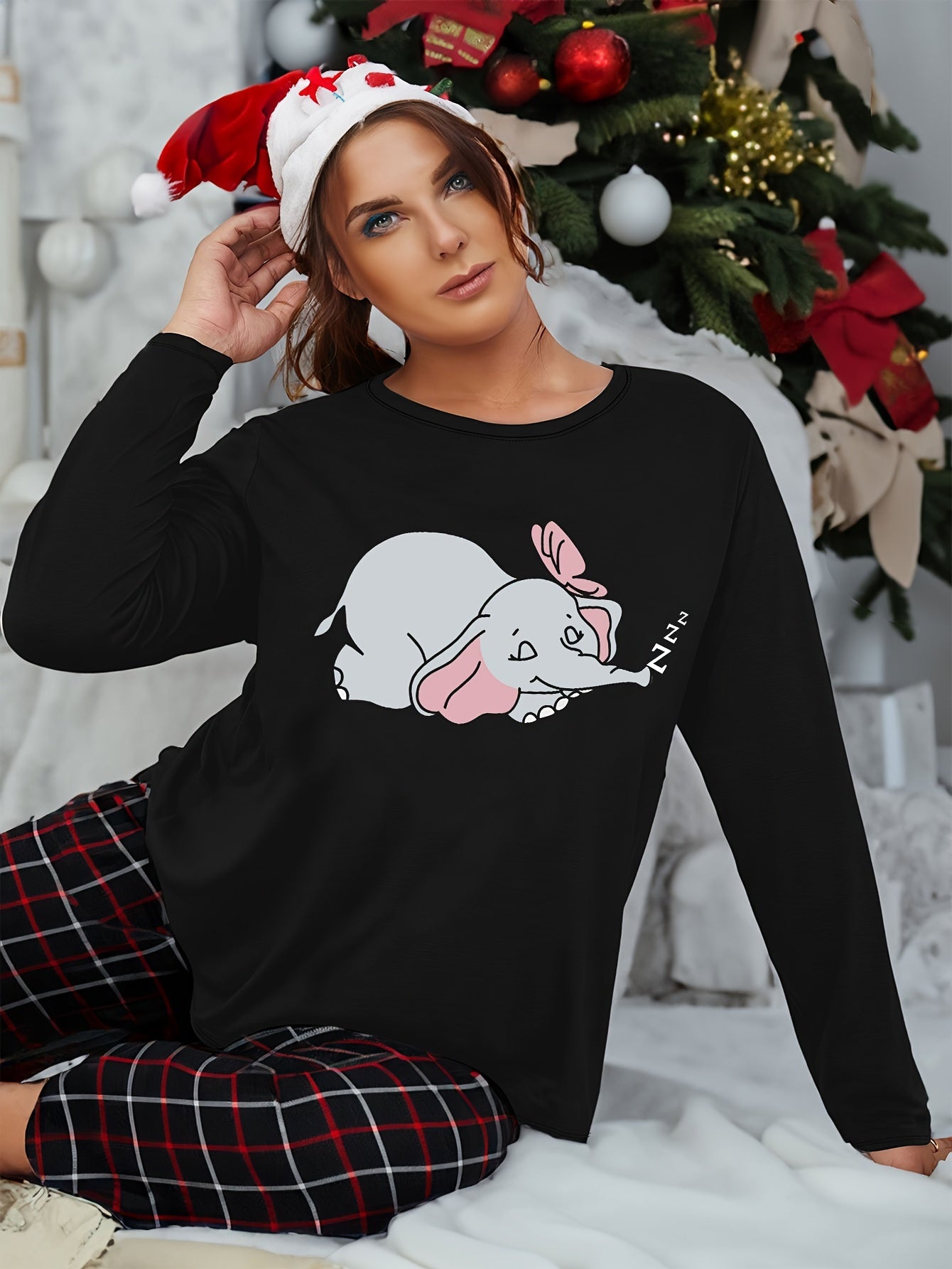  Elephant Print Long Sleeve Sleepwear Tee